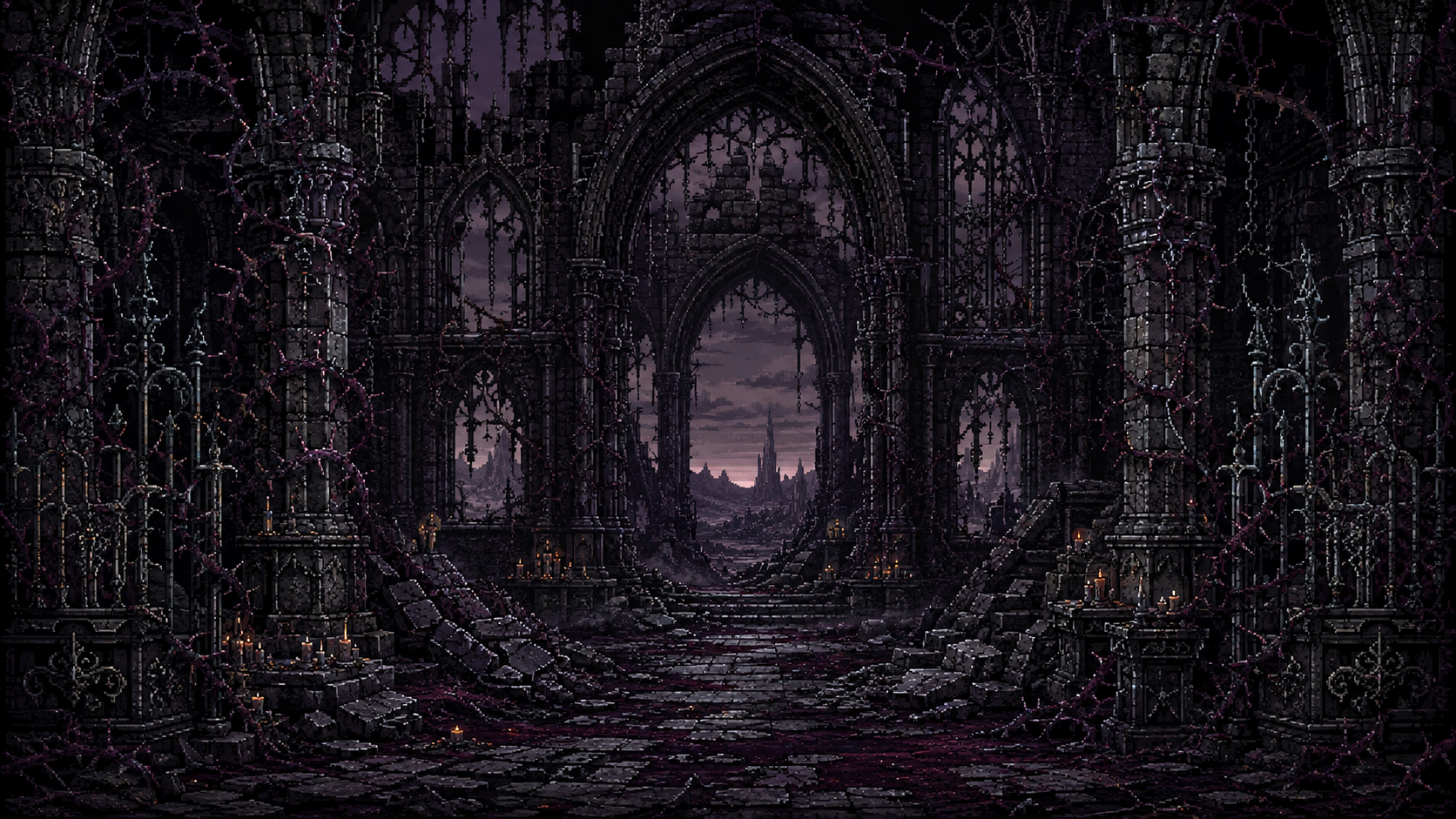 A ruined gothic sanctuary opening onto the Gravebloom wasteland
